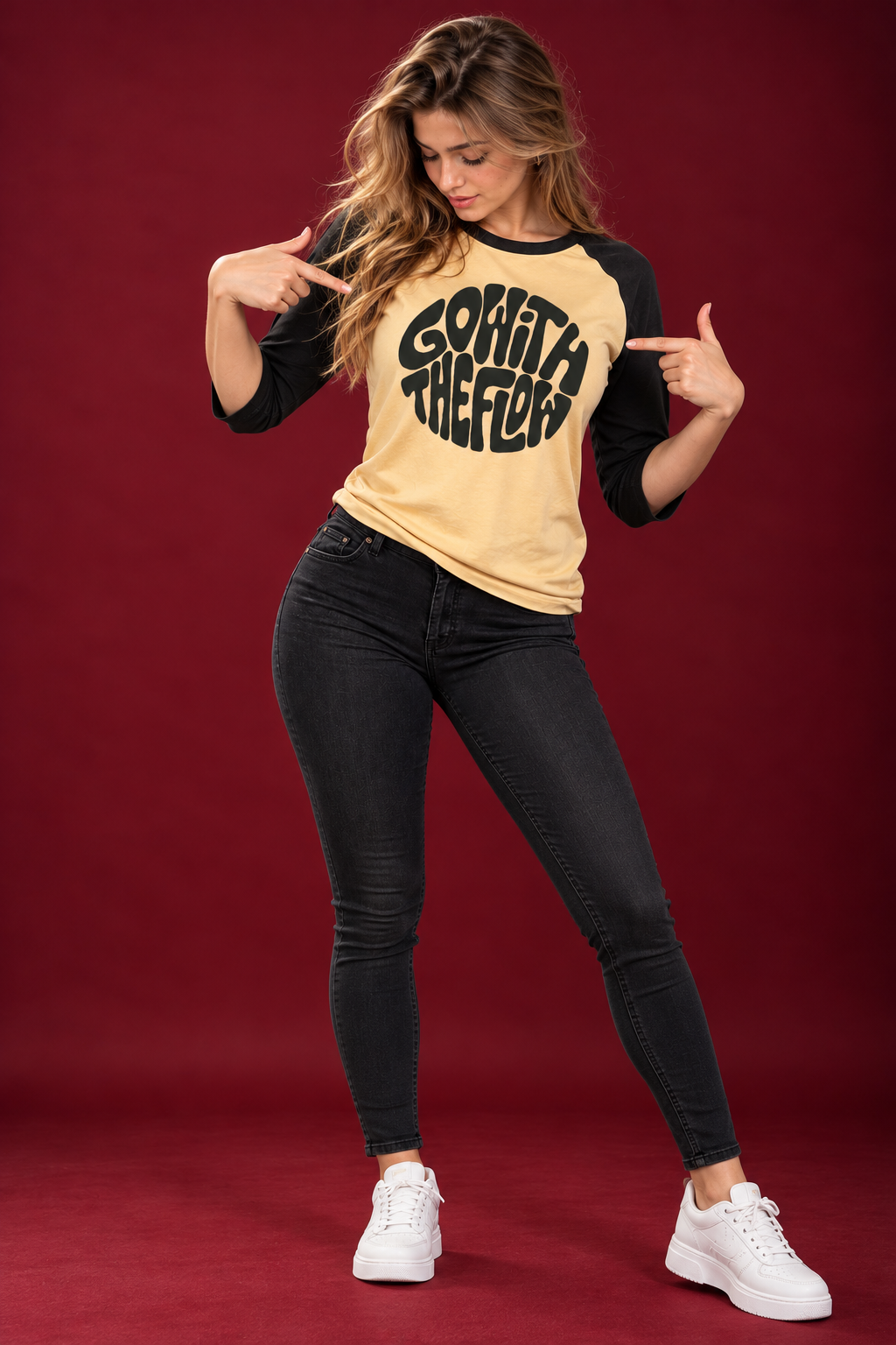 TeeVybe Women’s Beige & Black Raglan Full Sleeve Graphic Printed Round Neck T-Shirt – “Go With The Flow”
