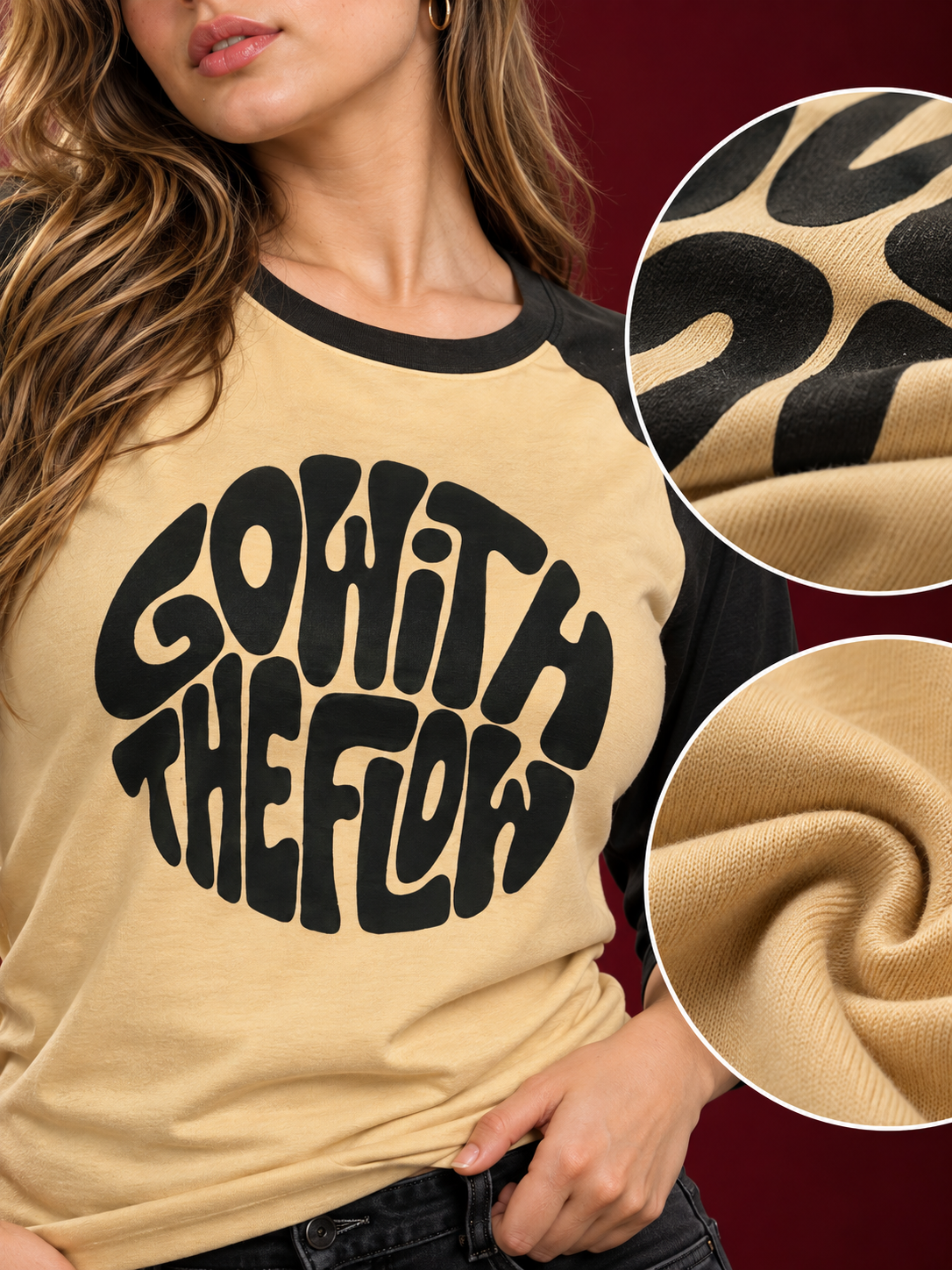 TeeVybe Women’s Beige & Black Raglan Full Sleeve Graphic Printed Round Neck T-Shirt – “Go With The Flow”