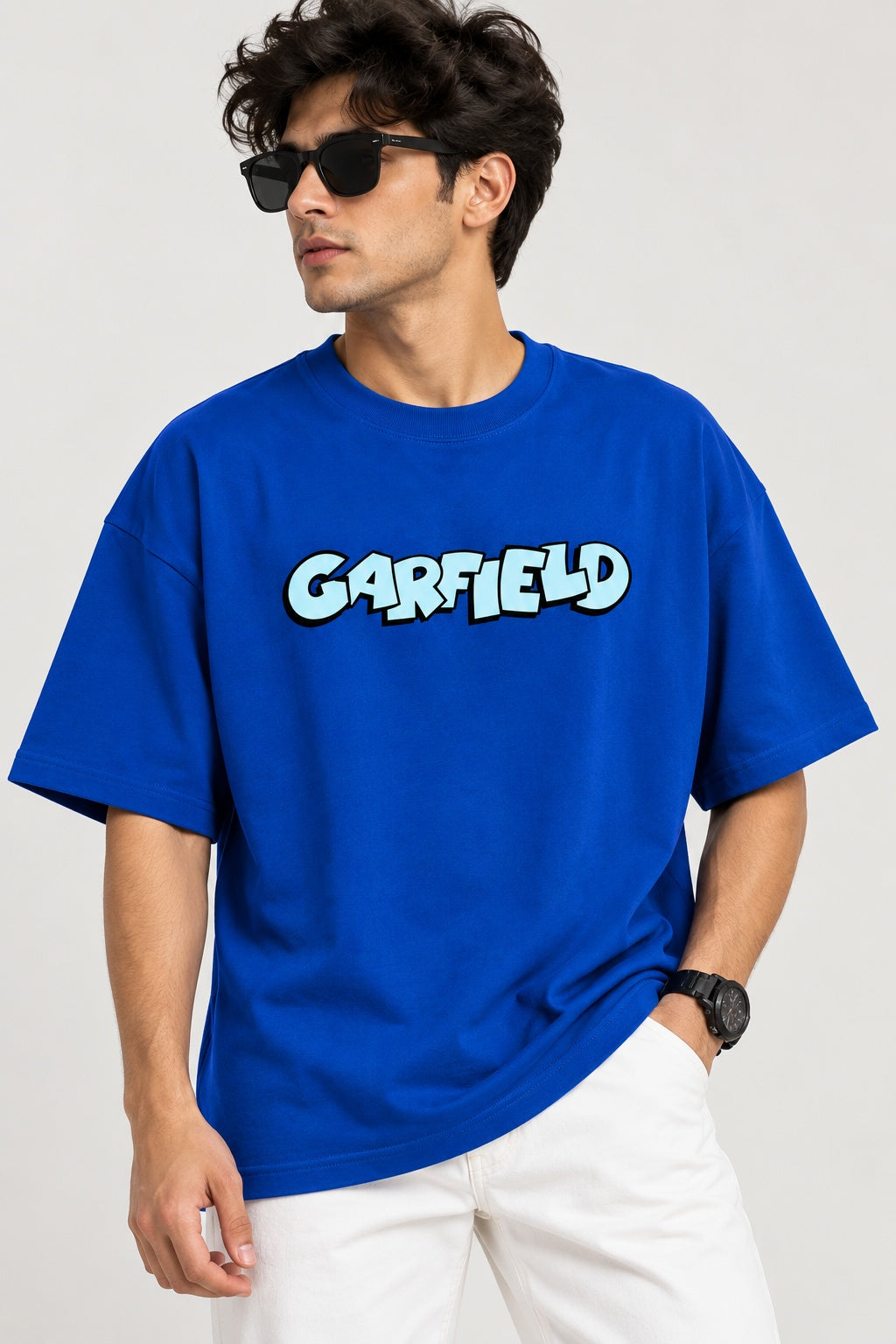 TeeVybe Men’s Royal Blue Garfield Graphic Printed Oversized T-Shirt | Cartoon Back Print Casual Streetwear Tee