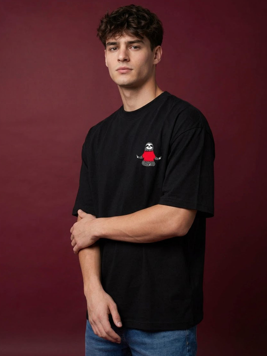TeeVybe Men’s Black Graphic Printed Oversized Round Neck T-Shirt | Super Lazy Sloth Back Print