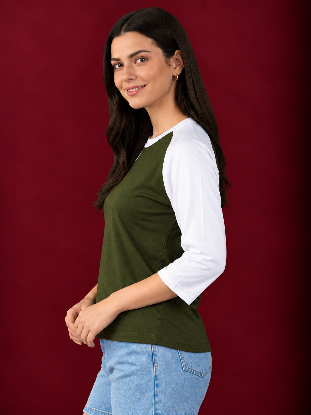 TeeVybe Women’s Olive Green & White 3/4 Sleeve Raglan T-Shirt | Regular Fit Round Neck Casual Tee