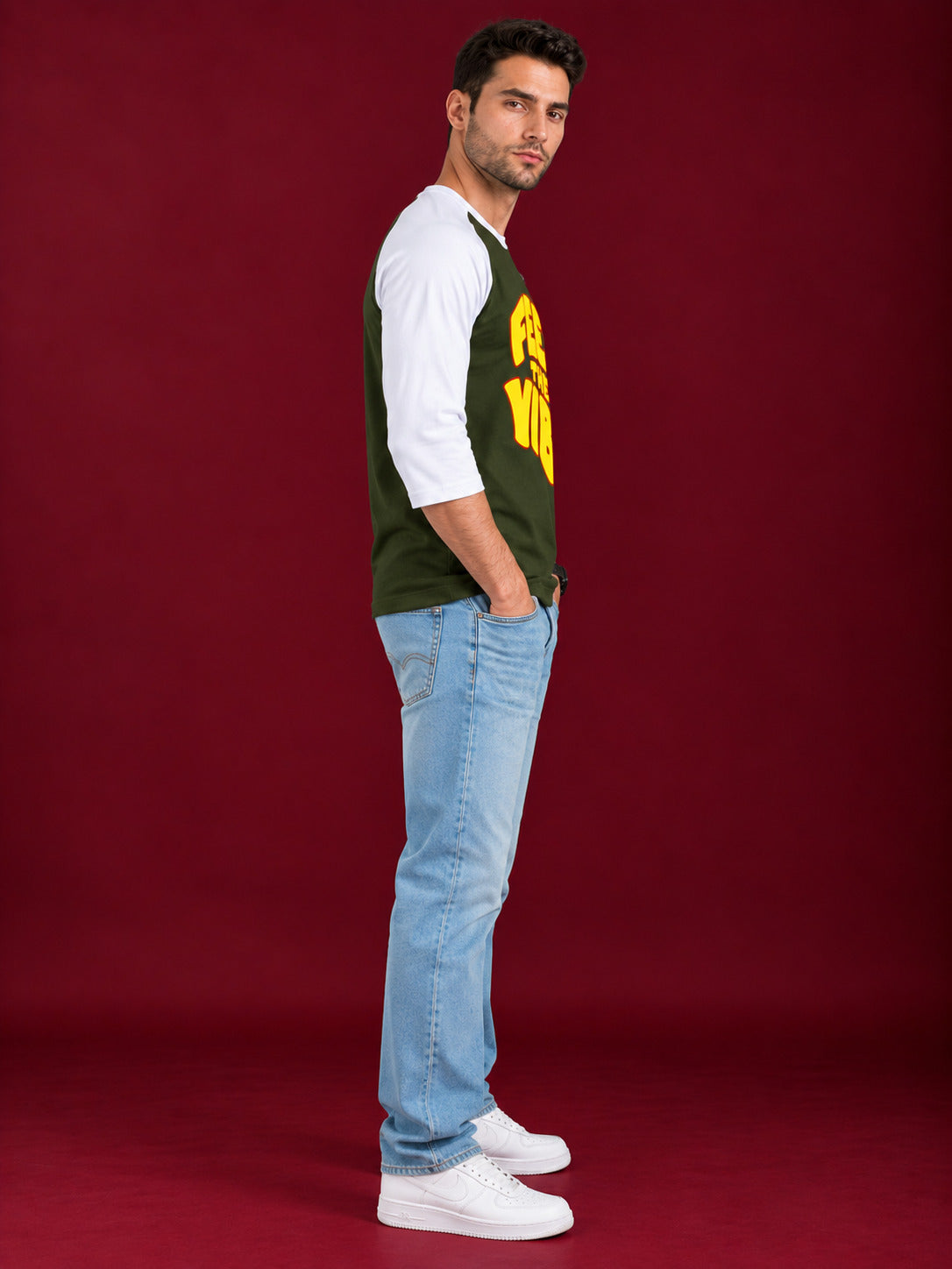 TeeVybe Men’s Feel The Vibe Graphic Printed Olive Green & White Raglan Full Sleeve T-Shirt