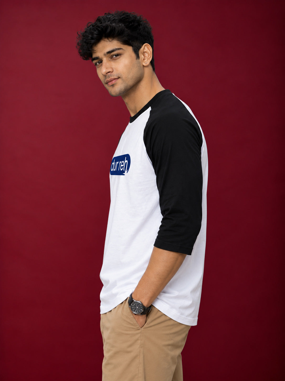 TeeVybe Men’s Dur Reh Graphic Printed White & Black Raglan 3/4 Sleeve T-Shirt