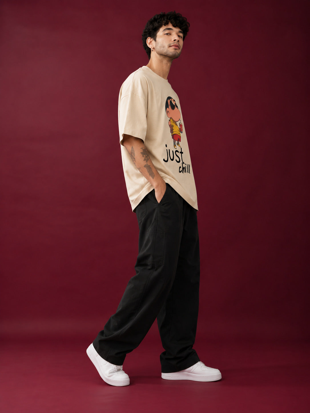 TeeVybe Men’s Beige Graphic Printed Oversized T-Shirt | Just Chill Cartoon Print Casual Streetwear Tee