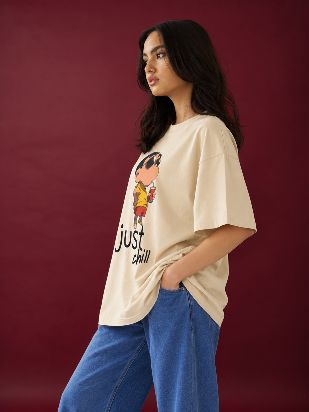 TeeVybe Women’s Beige Printed Oversized T-Shirt | Just Chill Cartoon Graphic Casual Tee