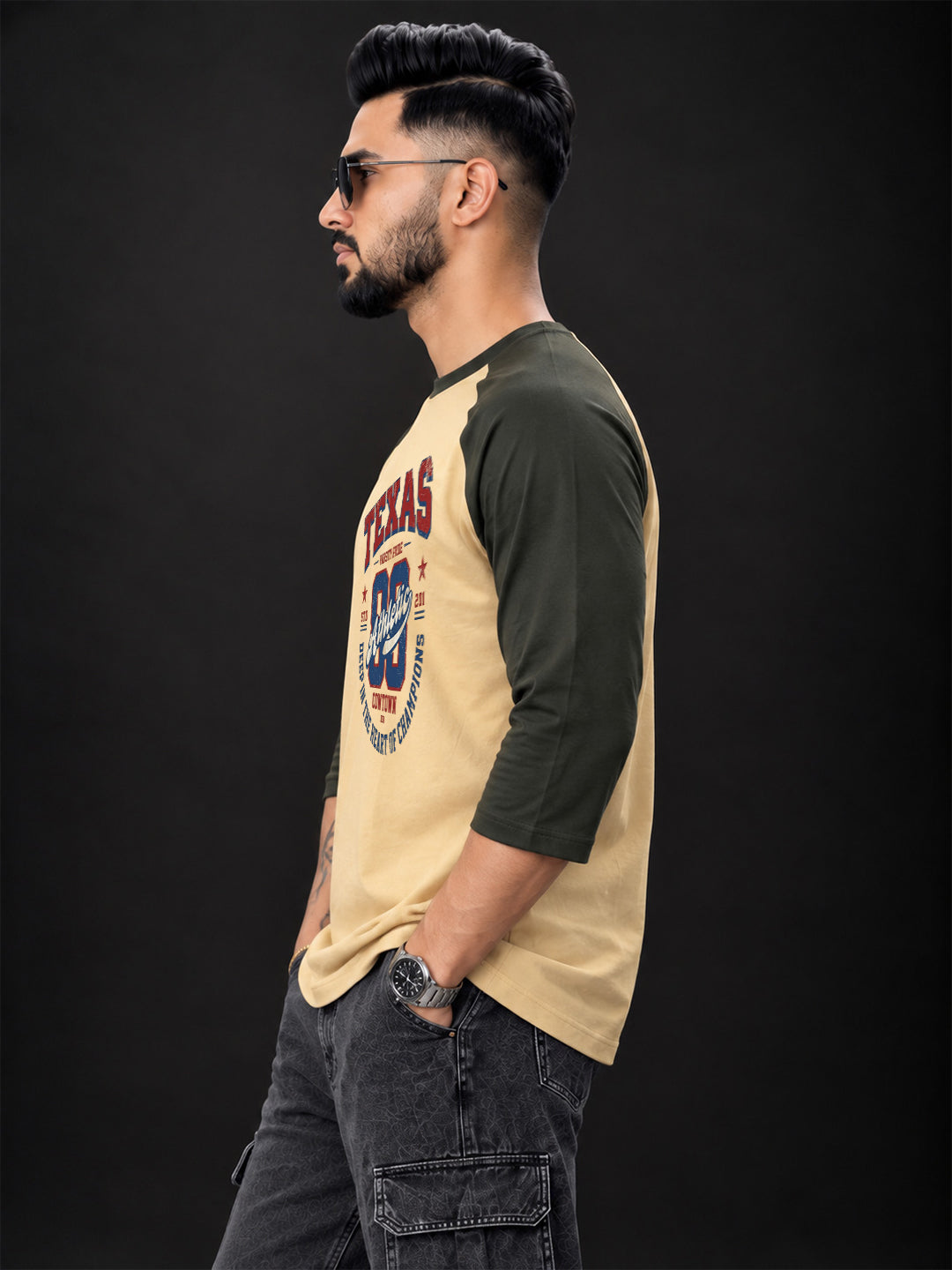 TeeVybe Men’s Texas Athletic Graphic Printed Beige & Black Raglan 3/4 Sleeve T-Shirt