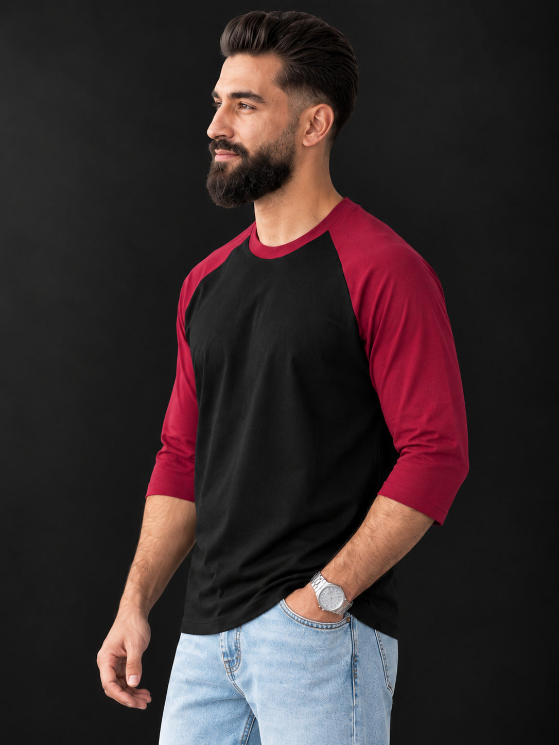 TeeVybe Men’s Black & Maroon 3/4 Sleeve Raglan T-Shirt | Regular Fit Round Neck Casual Tee