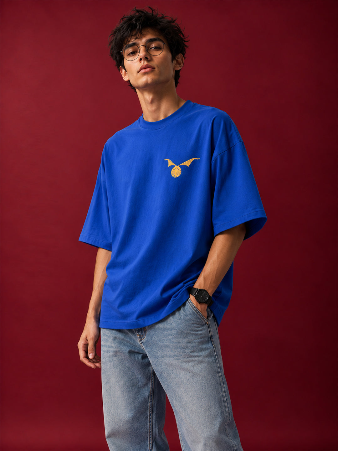 TeeVybe Men’s Royal Blue Graphic Printed Oversized Round Neck T-Shirt | Magic Is Everywhere Back Print