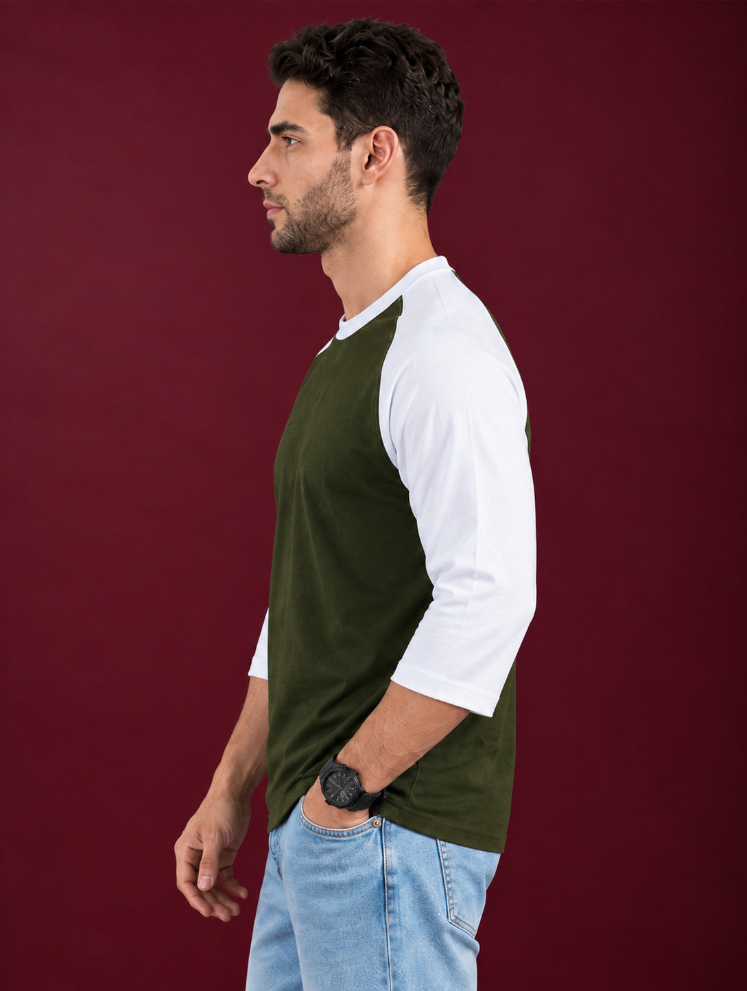 TeeVybe Men’s Olive Green & White 3/4 Sleeve Raglan T-Shirt | Regular Fit Round Neck Cotton Tee