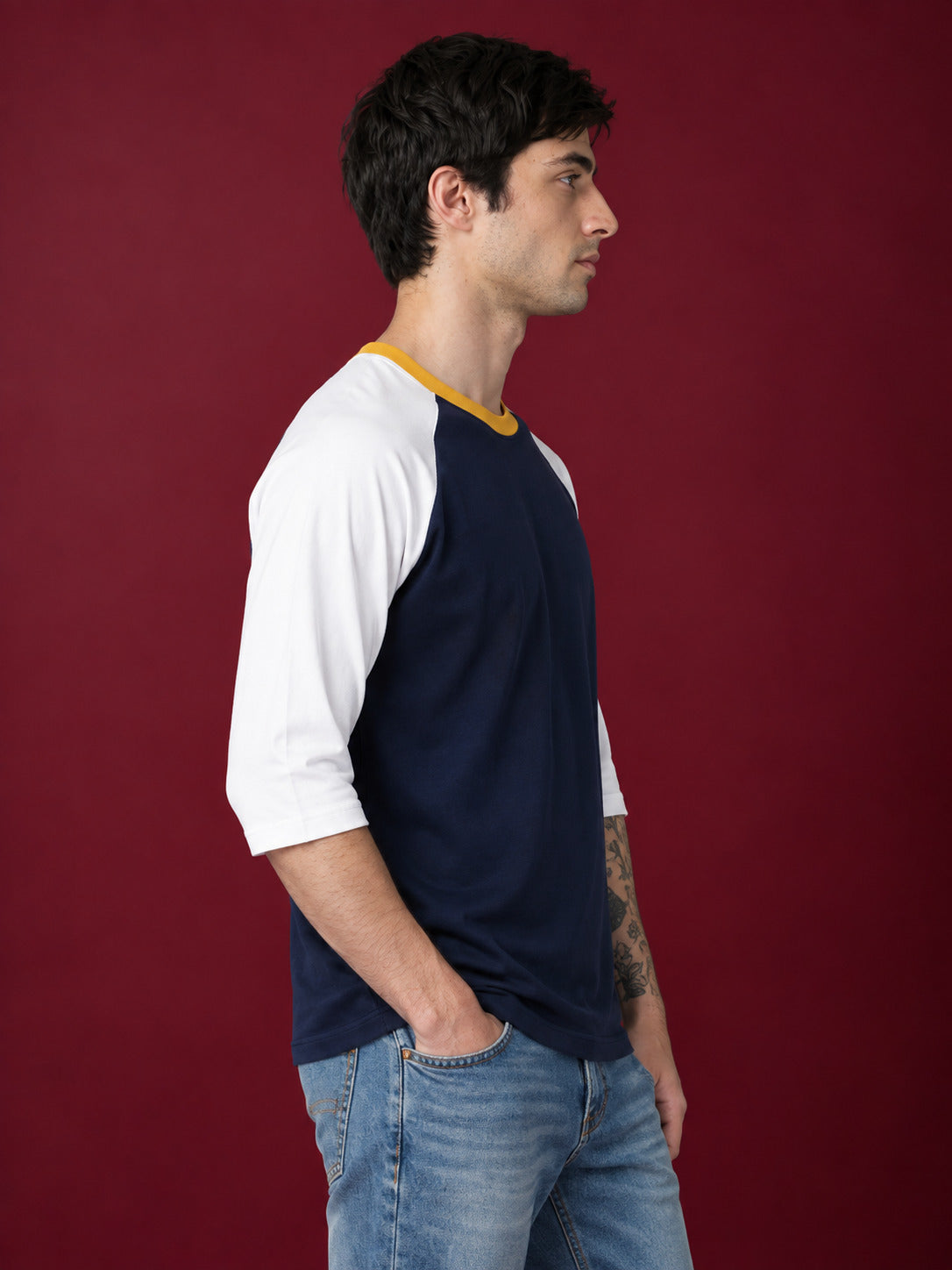 TeeVybe Men’s Navy Blue & White 3/4 Sleeve Raglan T-Shirt with Yellow Contrast Neck