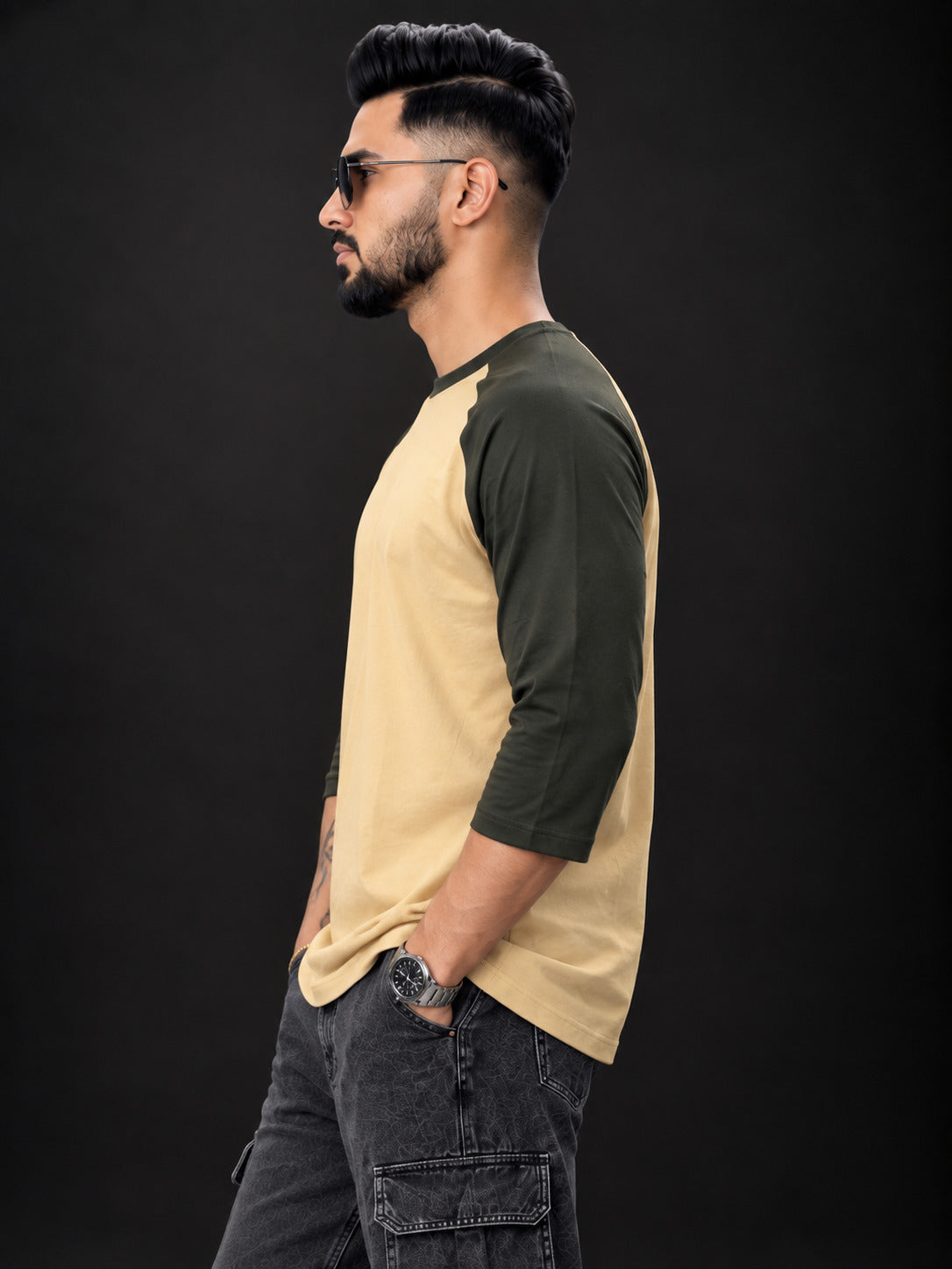 TeeVybe Men’s Beige & Olive Green 3/4 Sleeve Raglan T-Shirt | Round Neck Casual T-Shirt