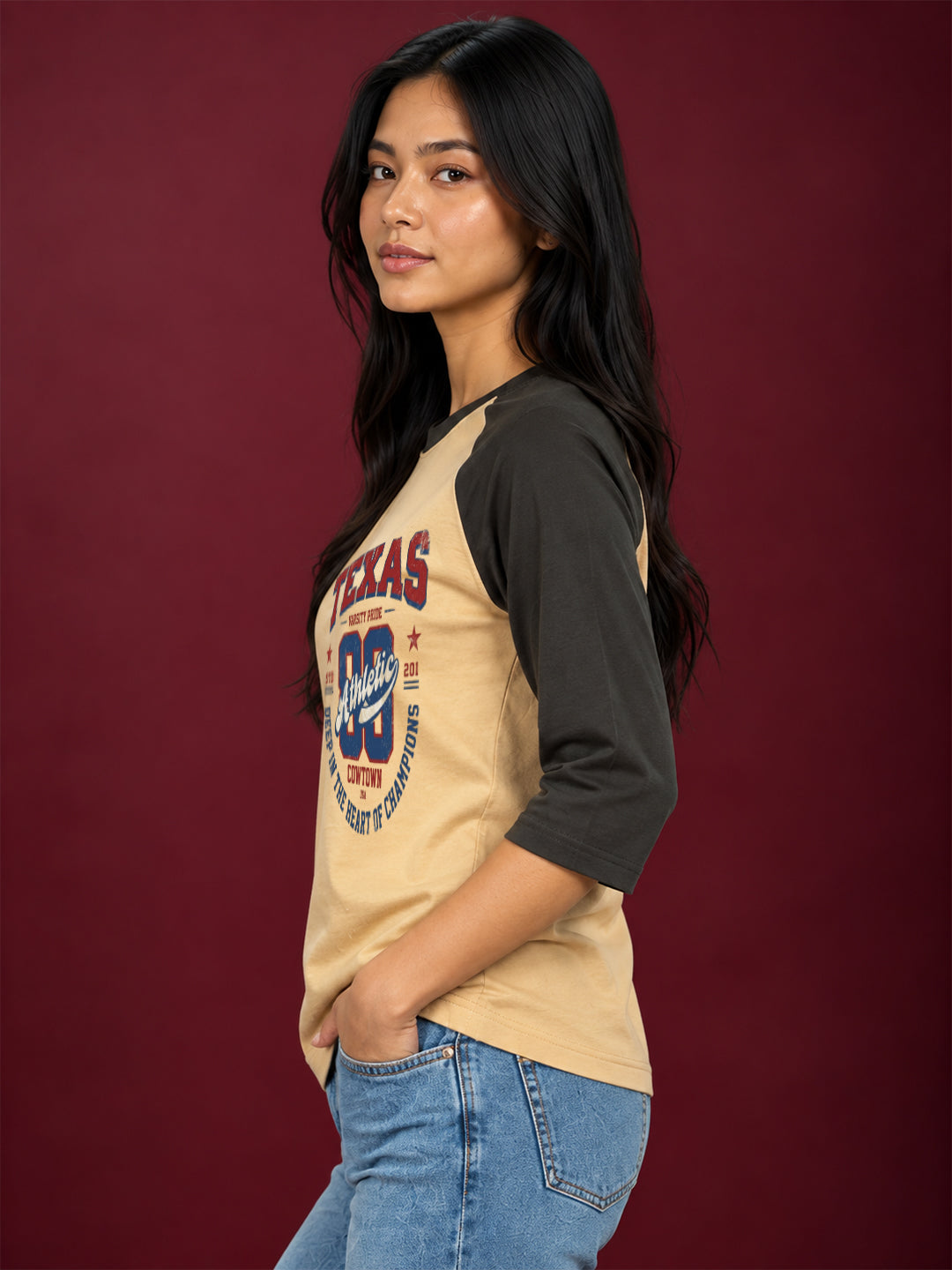 TeeVybe Women’s Texas Athletic Graphic Printed Beige & Black Raglan 3/4 Sleeve T-Shirt