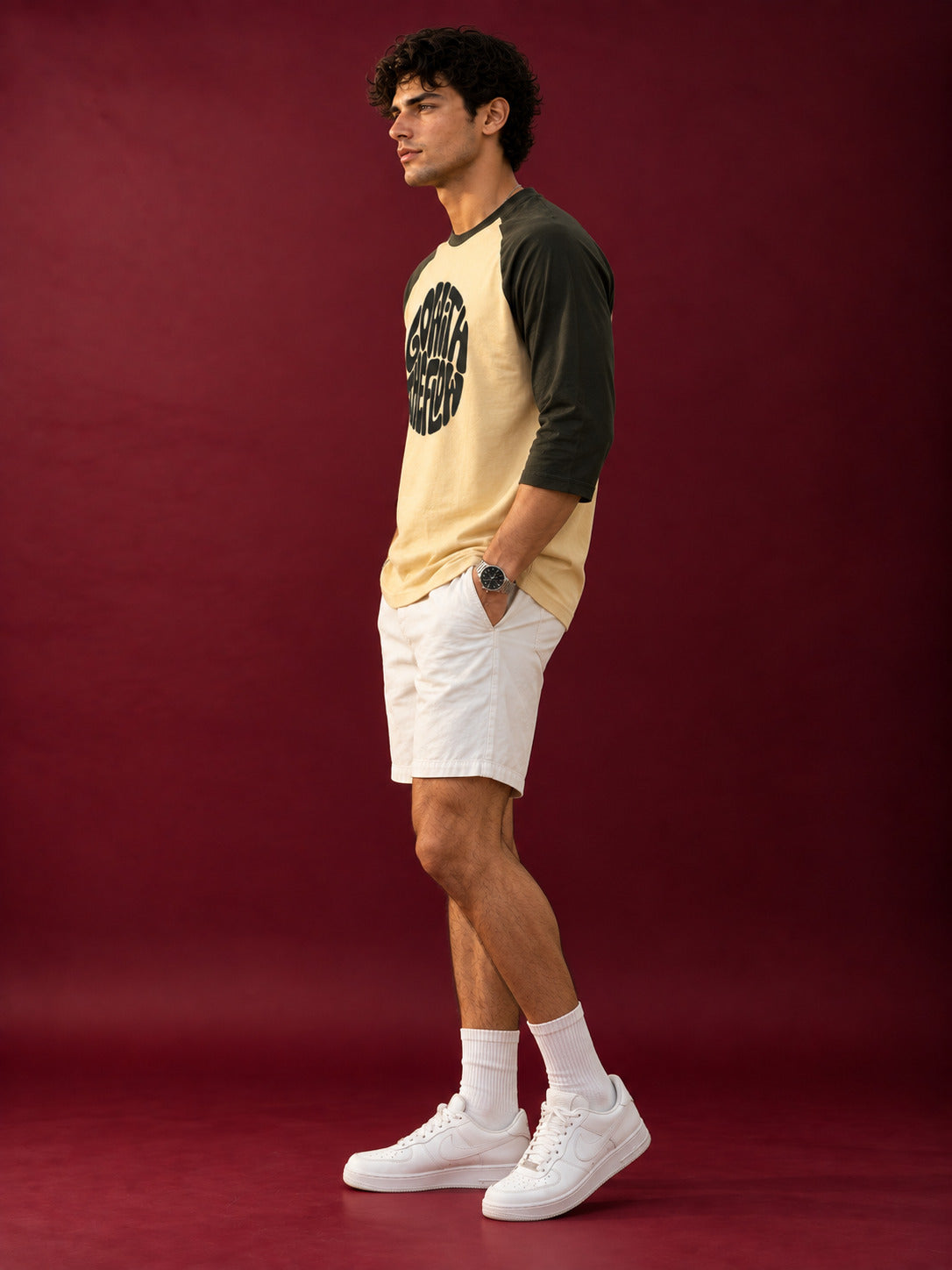 TeeVybe Men’s Beige & Black Raglan Full Sleeve Graphic Printed Round Neck T-Shirt – “Go With The Flow”
