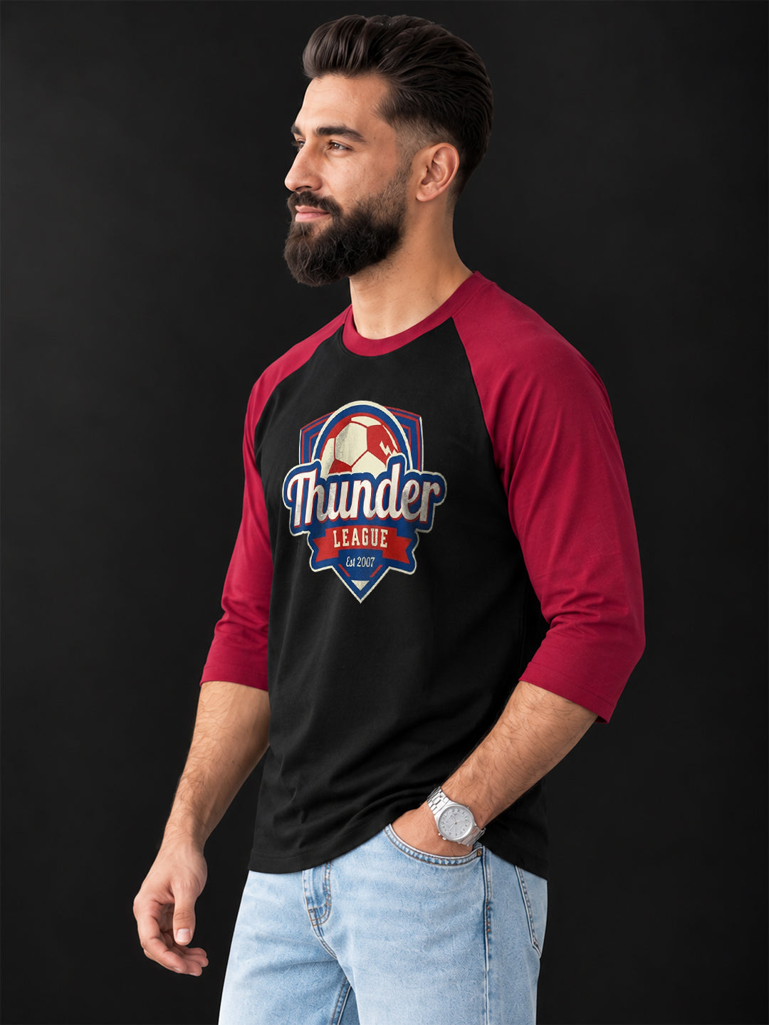 TeeVybe Men’s Thunder League Graphic Printed Raglan 3/4 Sleeve T-Shirt | Black & Red