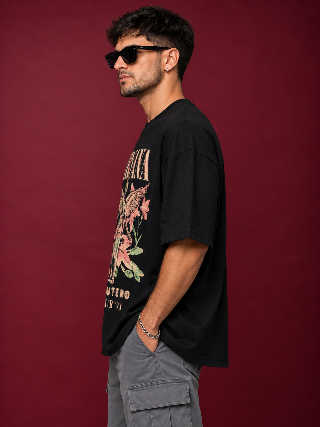 TeeVybe Men’s Black Graphic Printed Oversized Round Neck T-Shirt | Nirvana Angel Floral Graphic