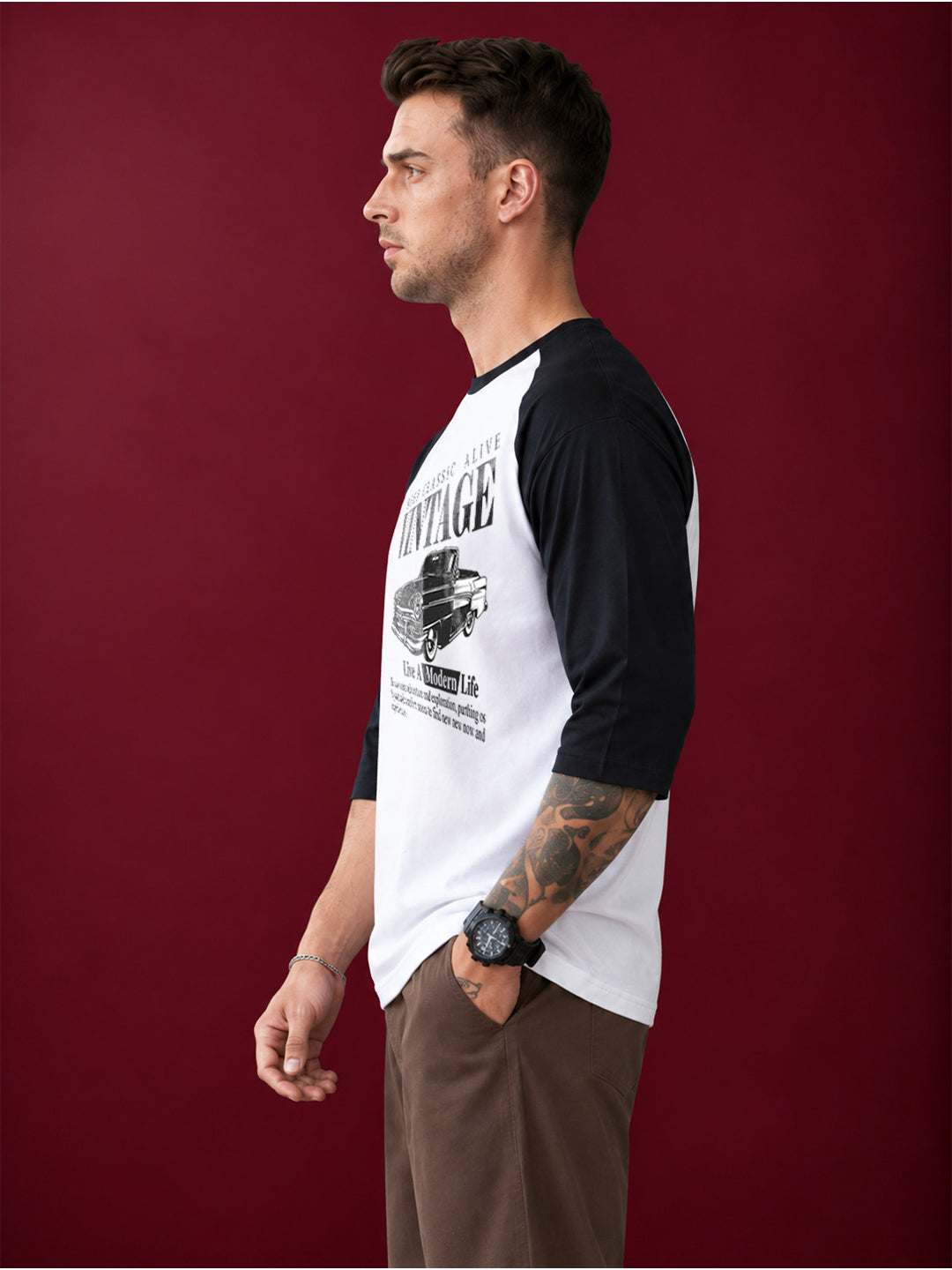 TeeVybe Men’s Vintage Car Graphic Printed Raglan 3/4 Sleeve T-Shirt | White & Black