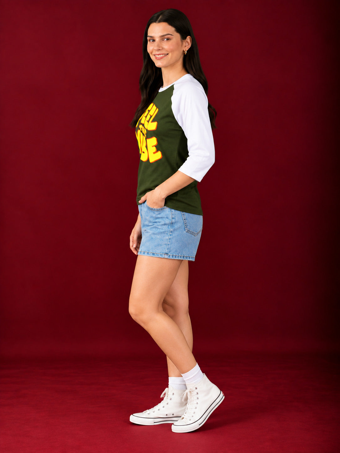 TeeVybe Women’s Feel The Vibe Graphic Printed Olive Green & White Raglan Full Sleeve T-Shirt