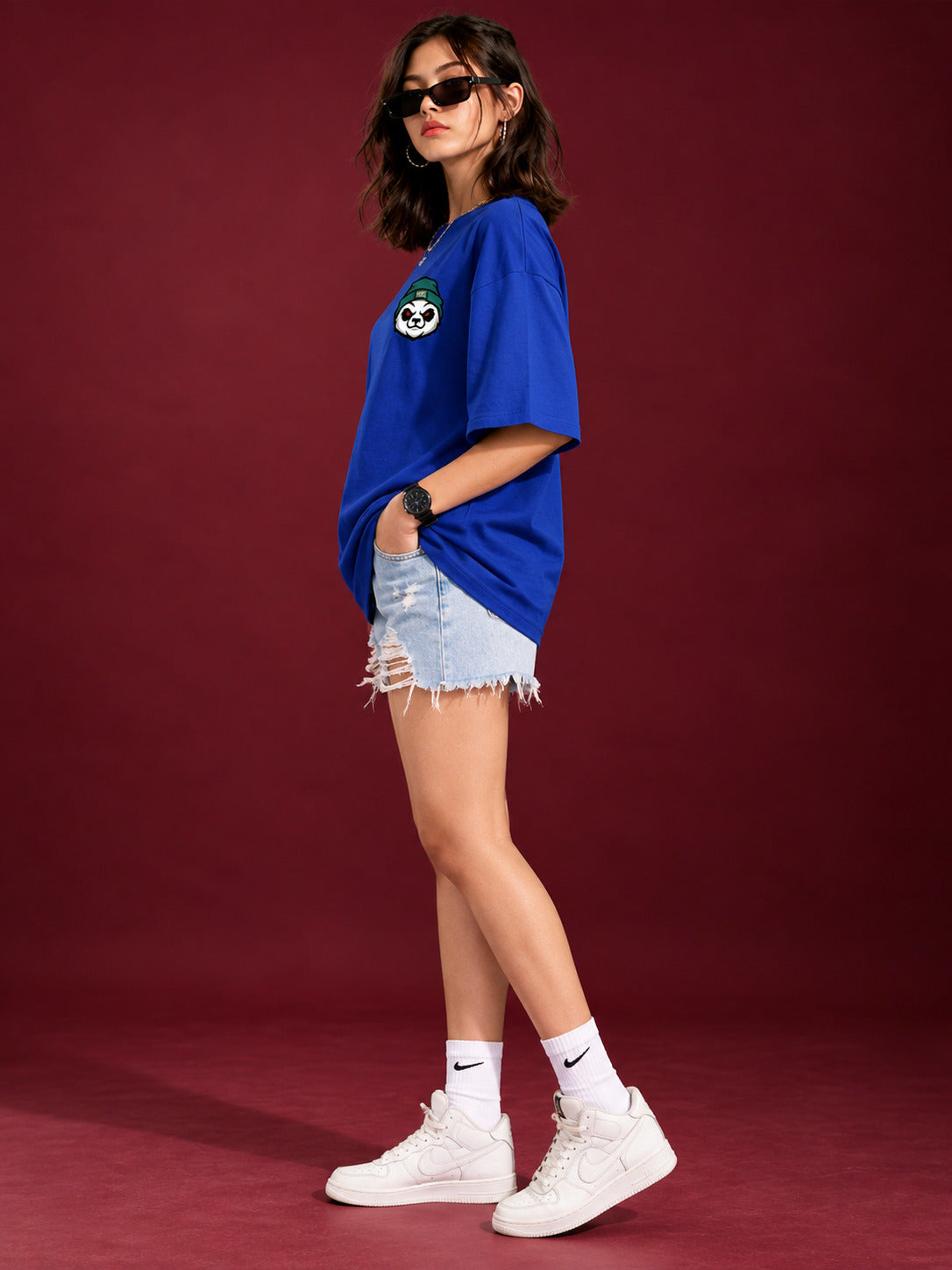 TeeVybe Women’s Royal Blue Oversized Round Neck T-Shirt with Printed Panda Chest Graphic