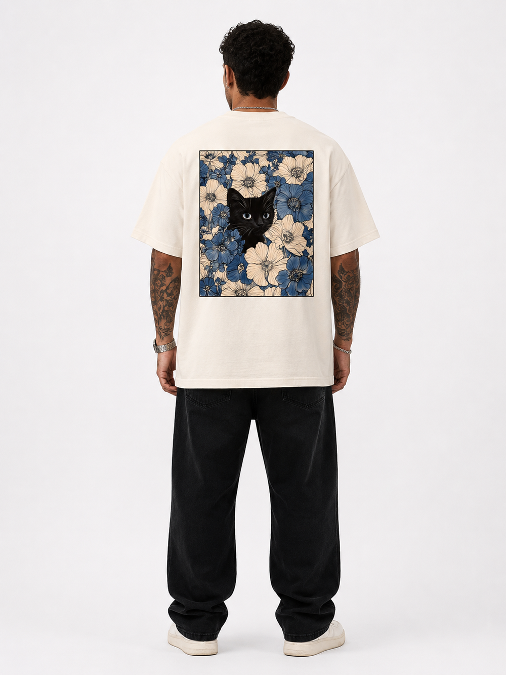 Midnight Cat Floral Oversized T-Shirt