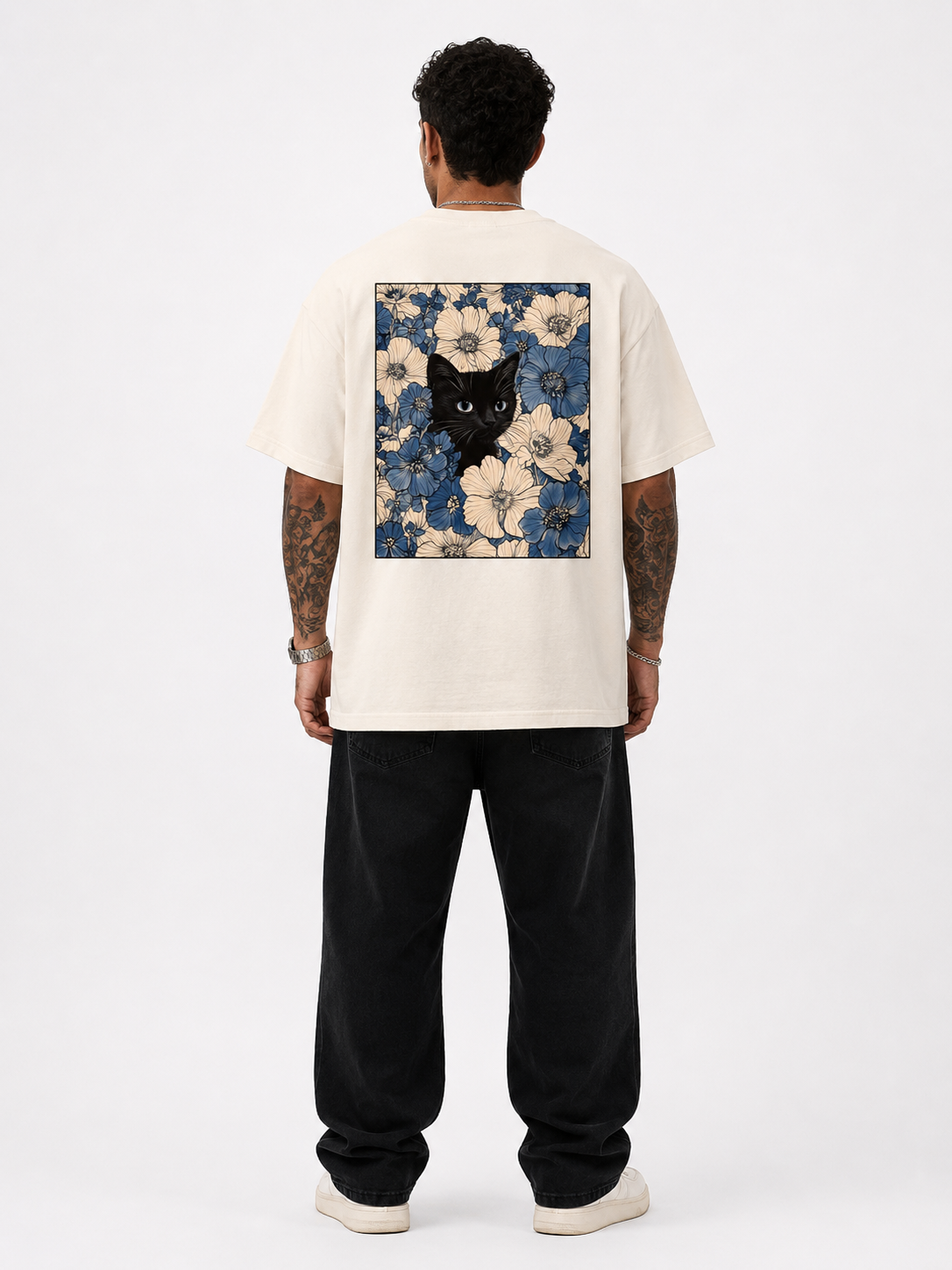 Midnight Cat Floral Oversized T-Shirt