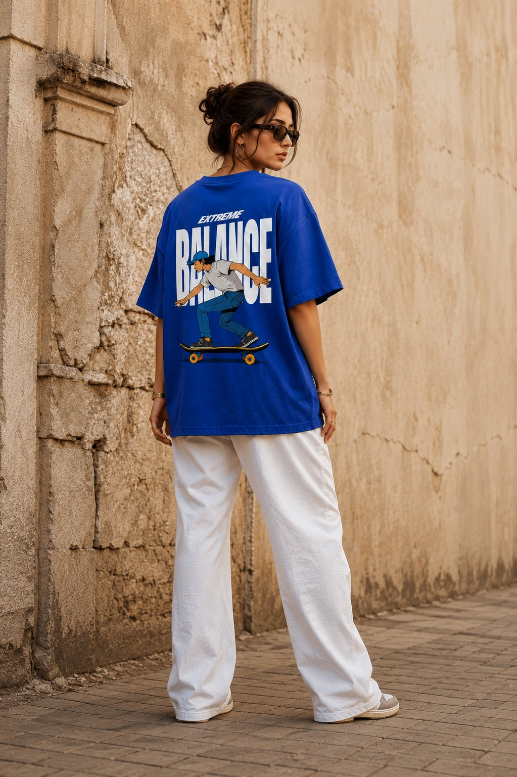 TeeVybe Women’s Royal Blue Graphic Printed Oversized T-Shirt | Extreme Balance Skateboard Streetwear Tee
